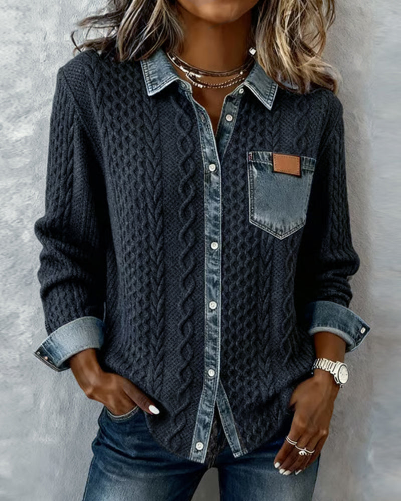 Long-Sleeve Shirt with Denim Patchwork - View 10.0 | Avenly London