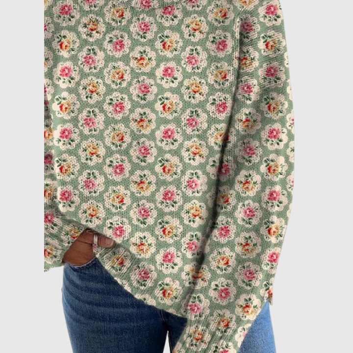 Mariell | Floral Elegance Knit Turtleneck Pullover Sweater