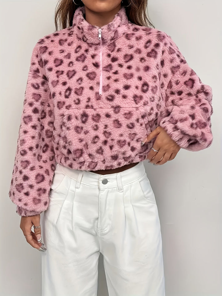 Leopard Print Zip Fleece Sweatshirt - View 8.0 | Avenly London