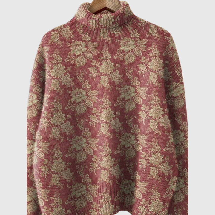 Elara | Vintage Rose Pattern Knit Turtleneck Sweater