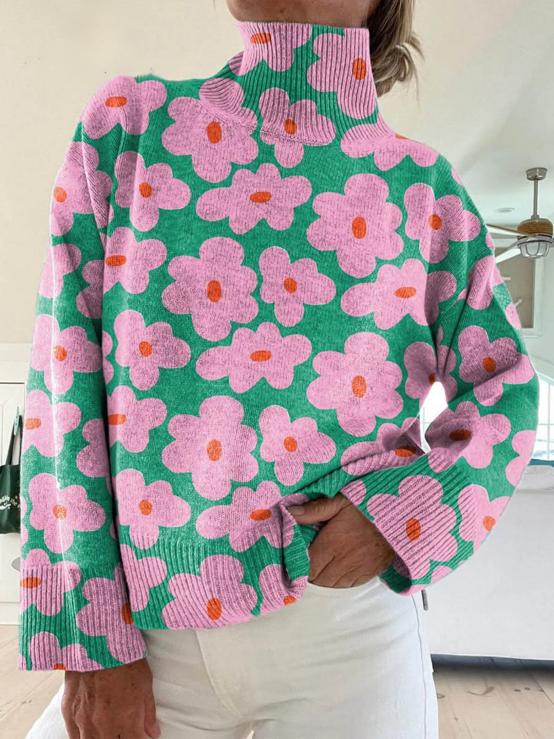 Roll Neck Jumper with Floral Pattern - View 1.0 | Avenly London