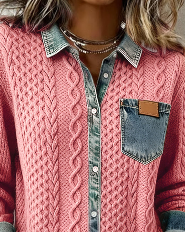 Chic Knitted Shirt with Denim Details - View 8.0 | Avenly London