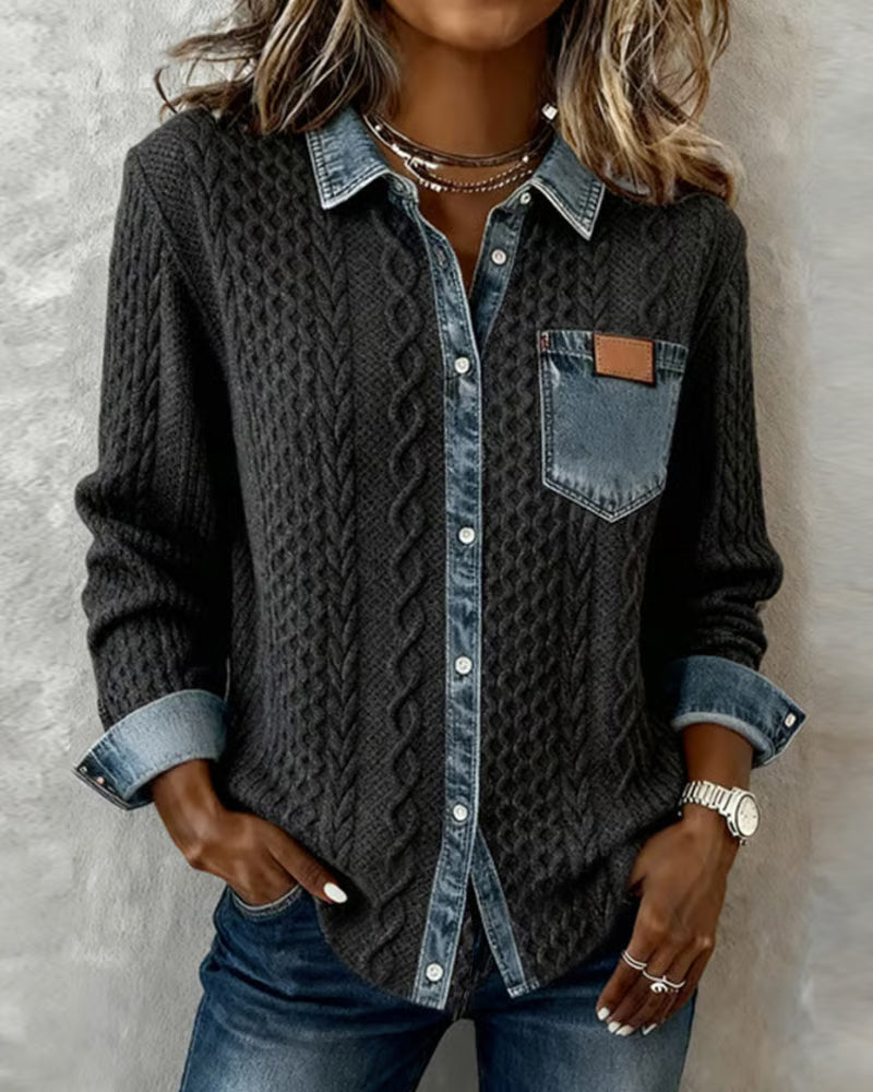 Long-Sleeve Shirt with Denim Patchwork - View 1.0 | Avenly London