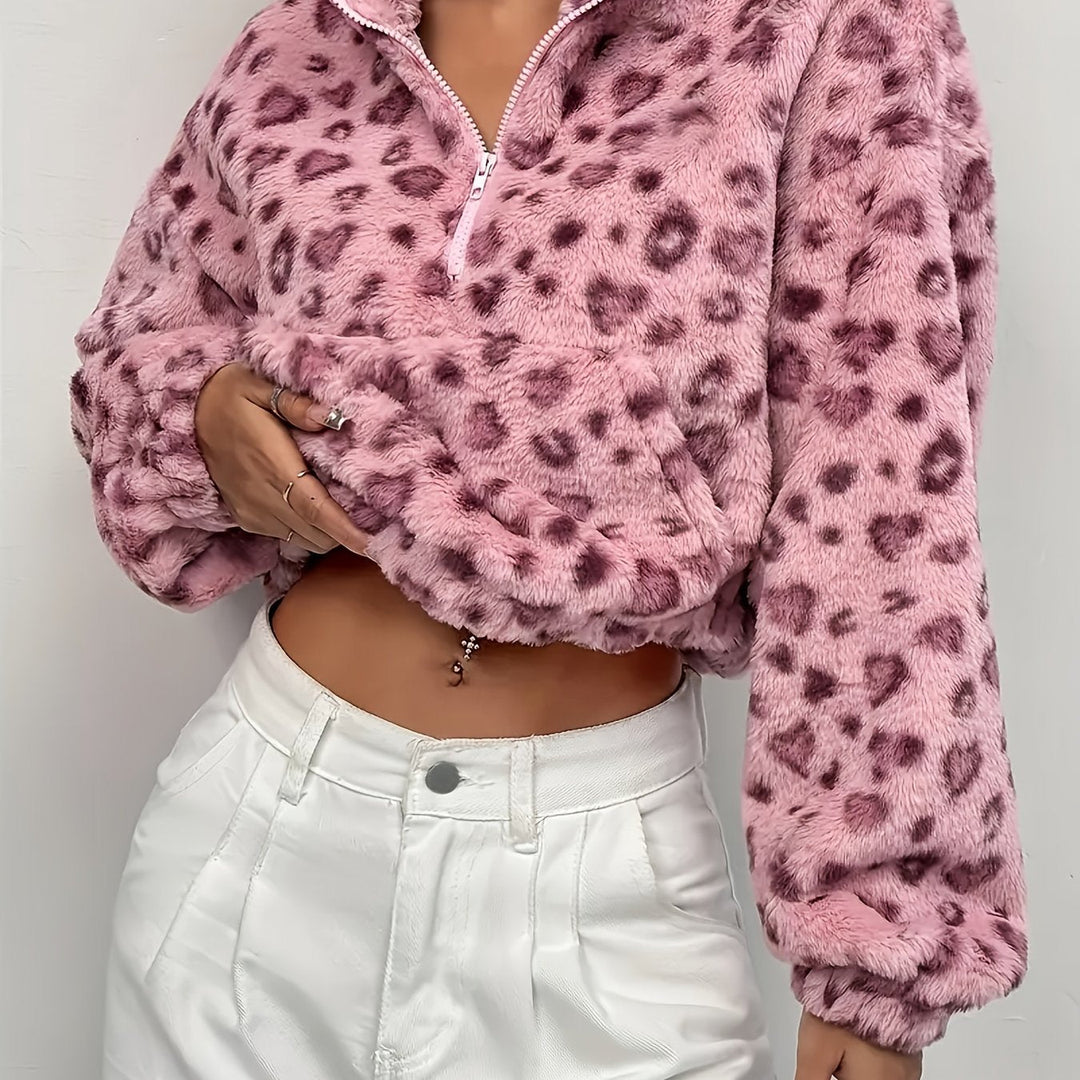 Leopard Print Zip Fleece Sweatshirt - View 12.0 | Avenly London