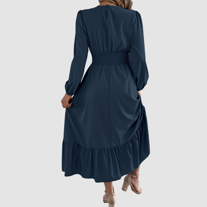 Isola Lane | Navy Ruffled Hem Midi Dress - View 7.0 | Avenly London