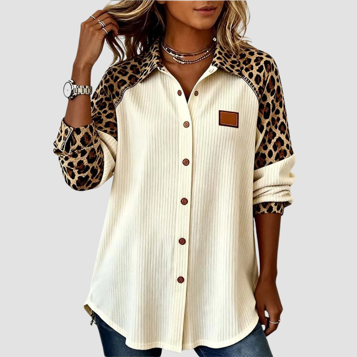 Jordana™ | Leopard Contrast Button-Down Shirt