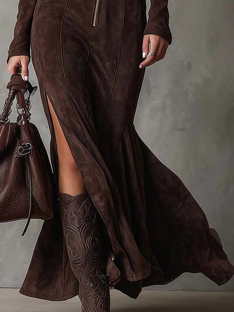 Vintage Brown Zipper Belted Maxi Dress (Includes belt)