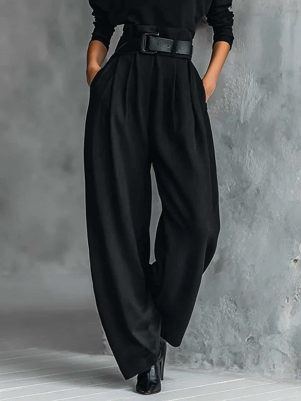 All-black Turtleneck Long-sleeved T-shirt And Straight-leg Trousers Two-piece Set (including Belt)