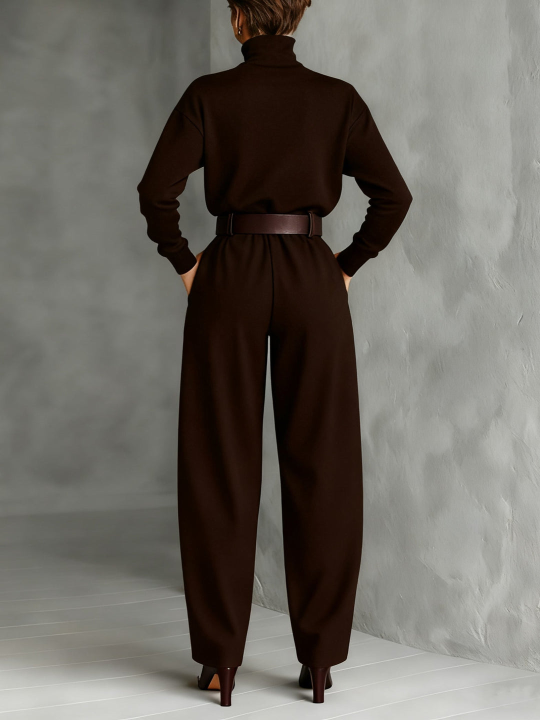 All-black Turtleneck Long-sleeved T-shirt And Straight-leg Trousers Two-piece Set (including Belt)