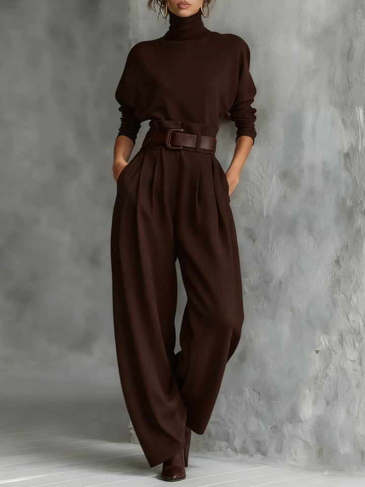All-black Turtleneck Long-sleeved T-shirt And Straight-leg Trousers Two-piece Set (including Belt)