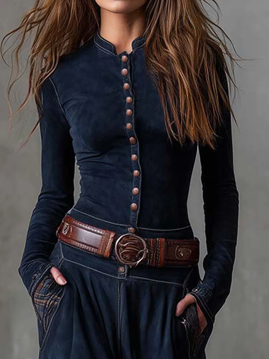 Navy Plaid Paneled Vintage Suede Maxi Dress (with belt)