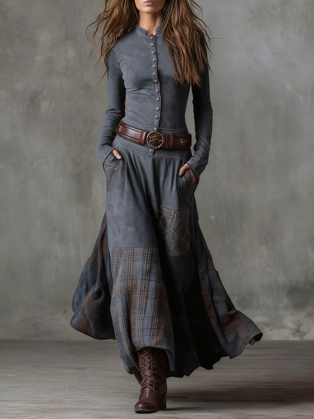 Navy Plaid Paneled Vintage Suede Maxi Dress (with belt)