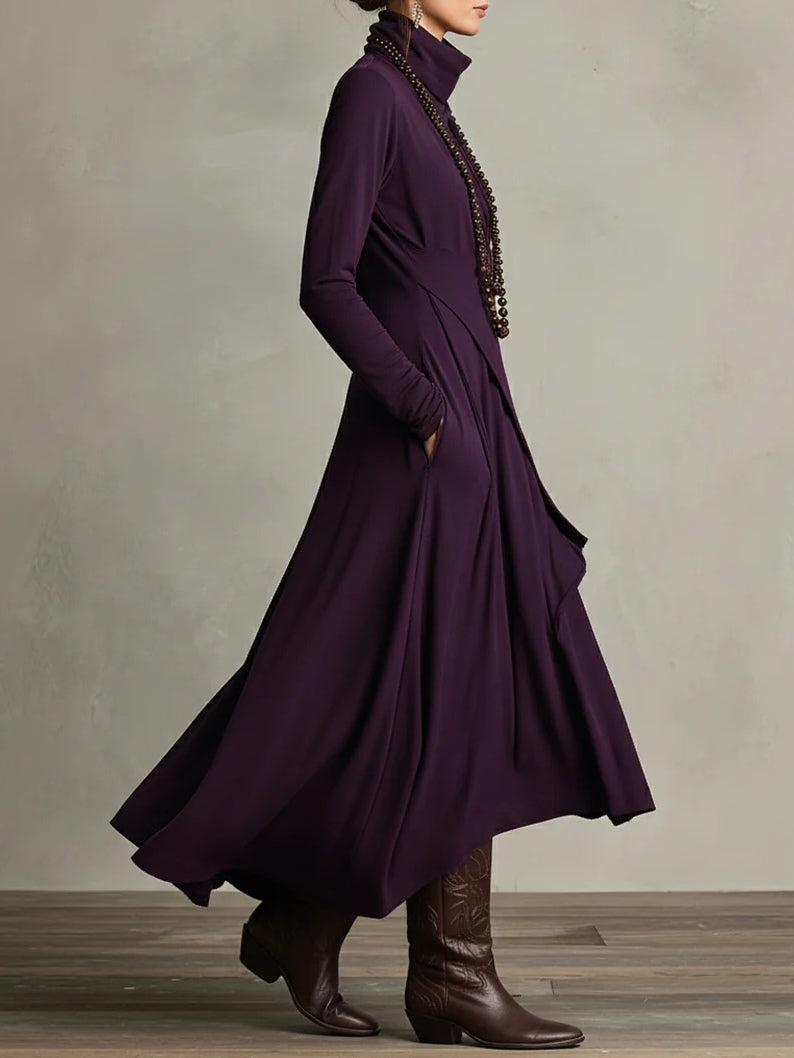 Purple High-neck Asymmetrical Pleated Maxi Dress (Necklace not included)