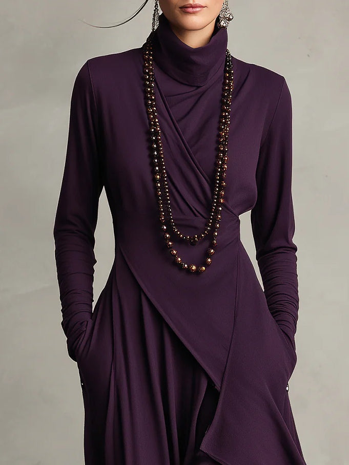 Purple High-neck Asymmetrical Pleated Maxi Dress (Necklace not included)