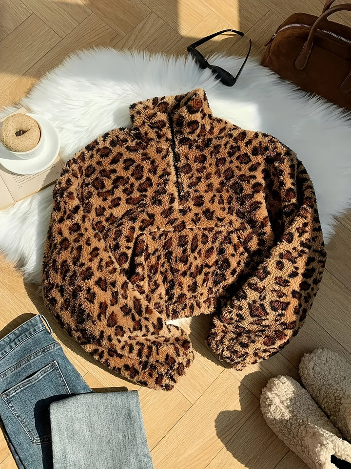 Leopard Print Zip Fleece Sweatshirt - View 7.0 | Avenly London