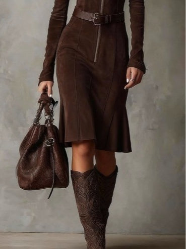 Brown Vintage Zipper Belted Midi Dress (Includes belt)