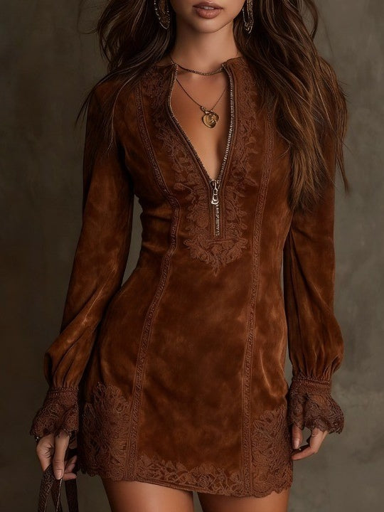 Vintage Blue Suede Lace Trim Mini Dress